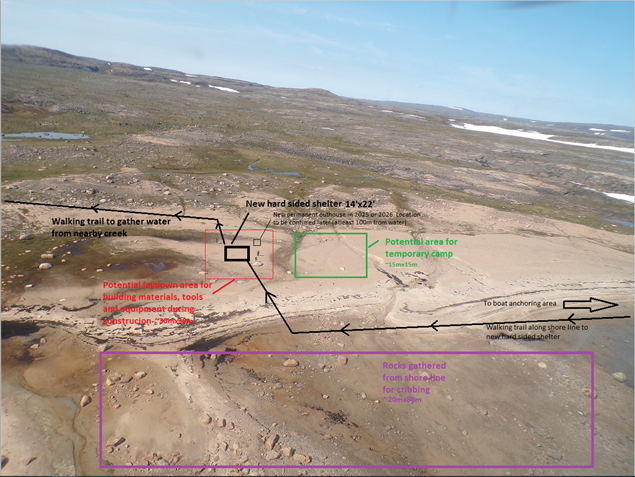 Map showing location of old GN cabin and new cabin location, for context. Photos showing location of new cabin and environment, also for context.