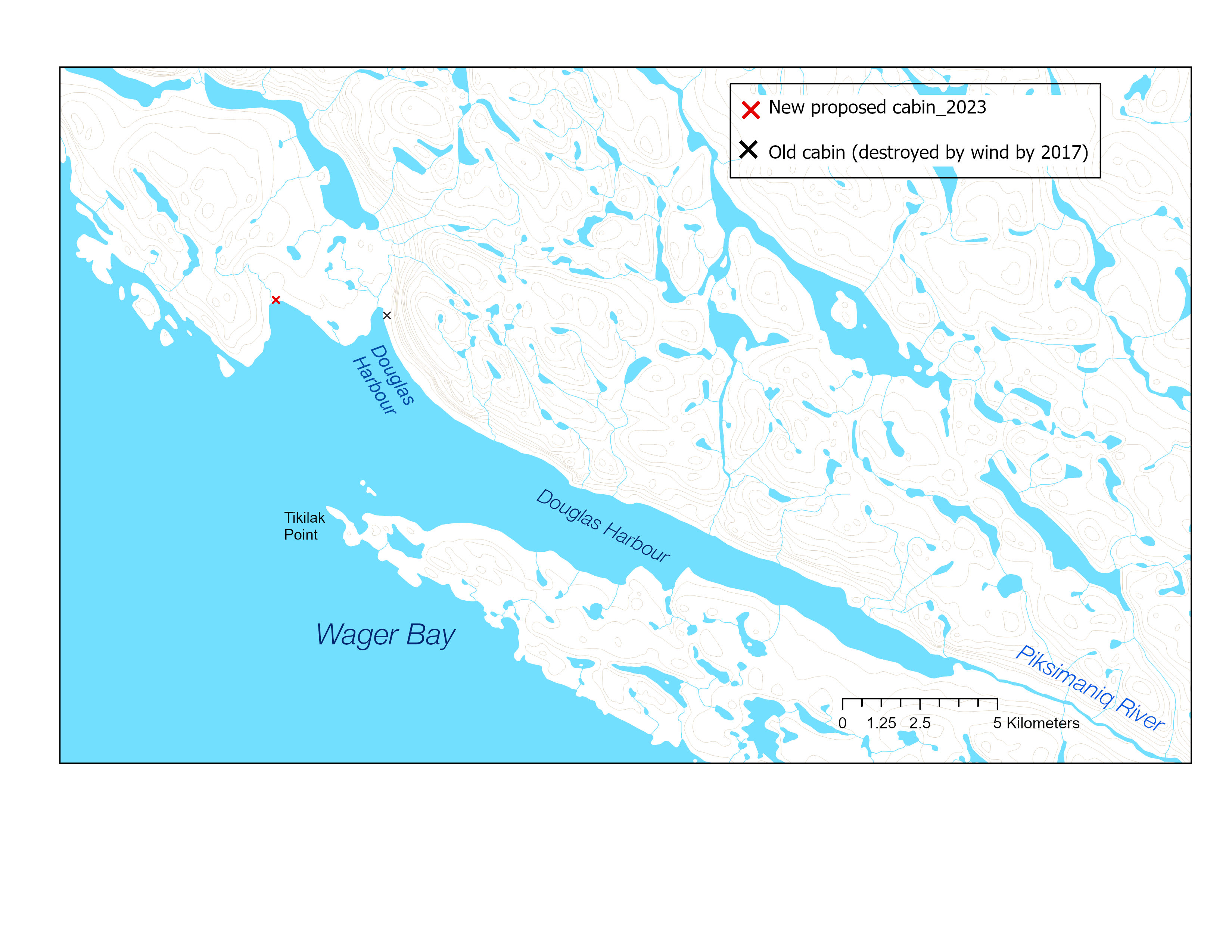 Map showing location of old GN cabin and new cabin, for context.